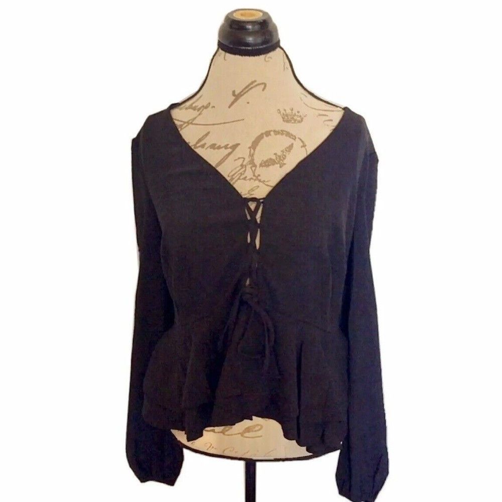 Forever 21 Blouse Black Ruffle Peasant Boho Cropped Flowy Size OX Womens Cut Out